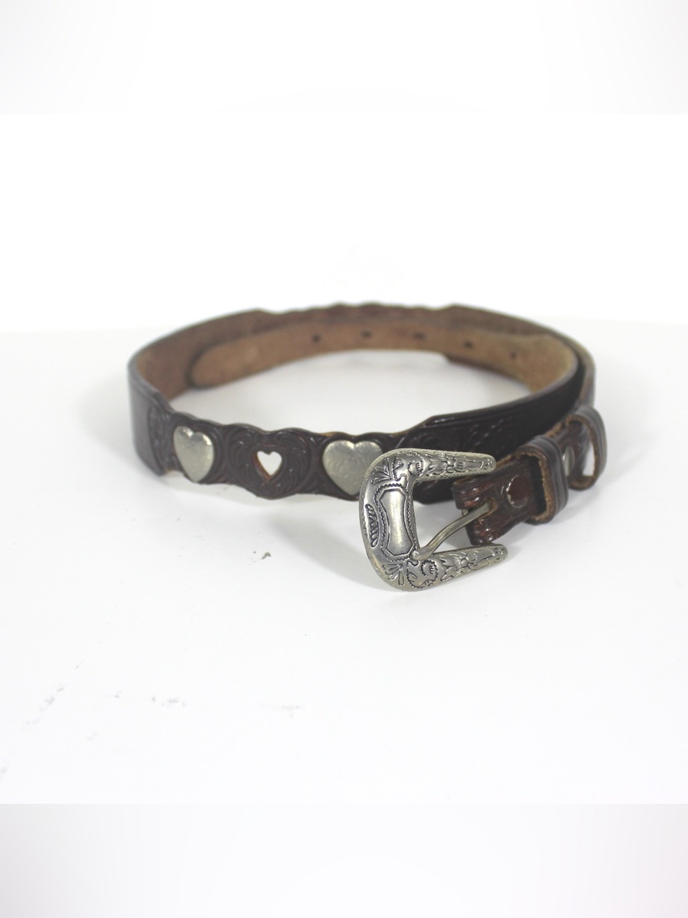 29”-33” Narrow Brown Tooled Leather Silver Heart Concho Belt Snap Off Buckle